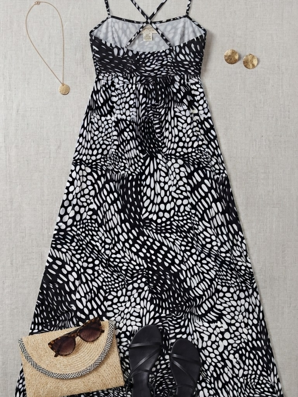 Black & White Spotted Maxi Dress with Crisscross Straps
